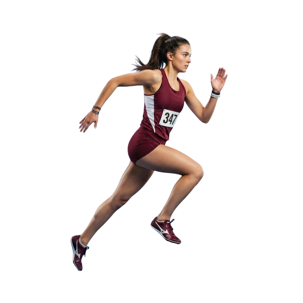 Female athlete mid-stride in a running competition wearing a maroon and white outfit, number 347 bib, and athletic shoes