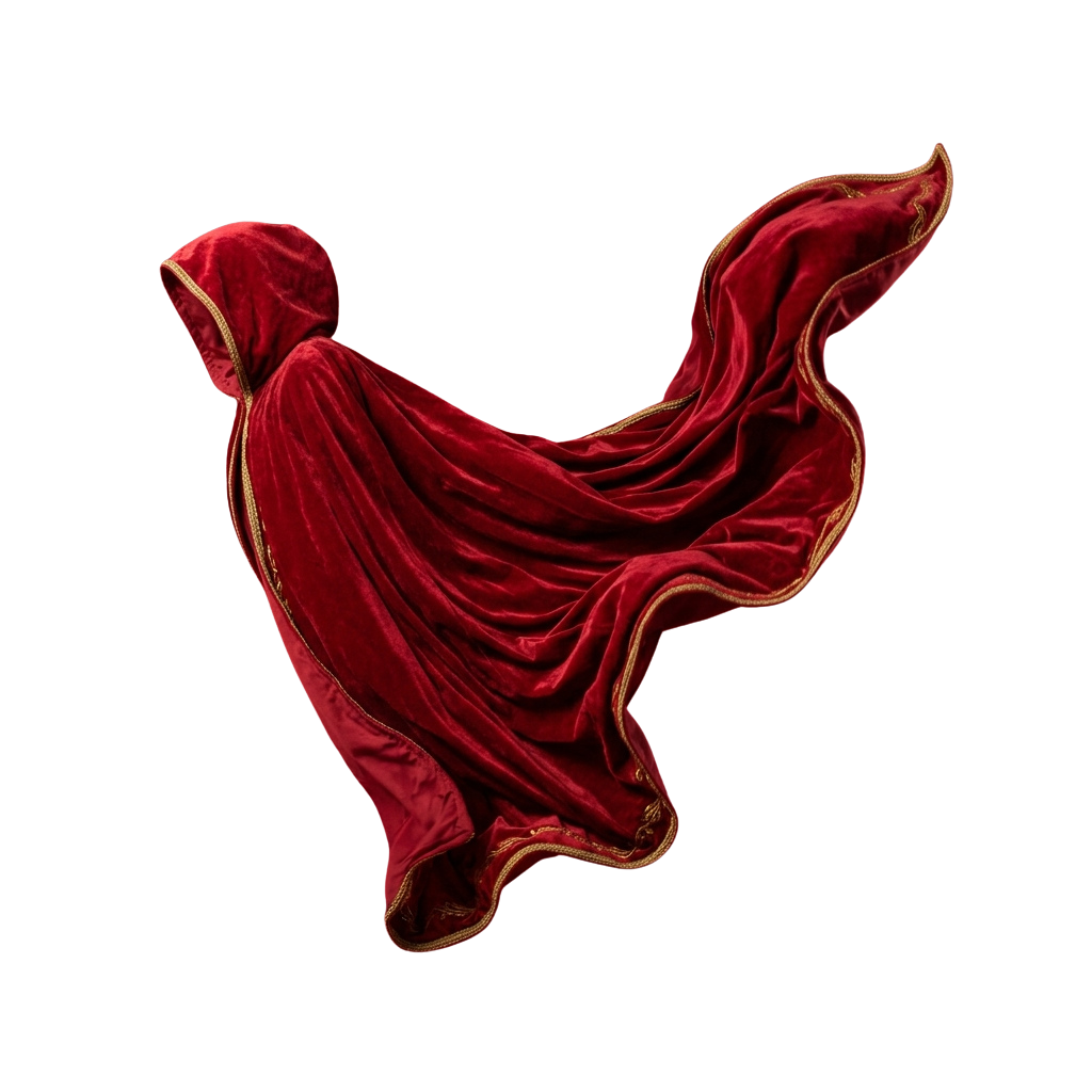 A red velvet cape with a hood and gold trim displayed against a black background