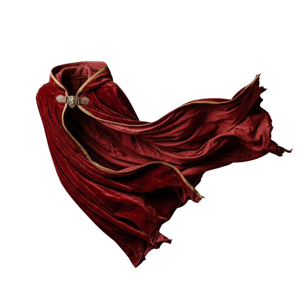 A flowing red velvet cloak with gold trim and a button closure against a black background