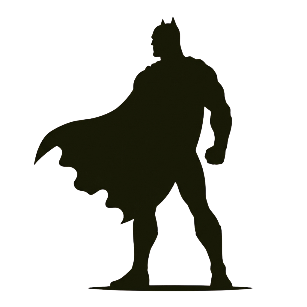 Silhouette of a muscular figure with a cape standing against a dark background