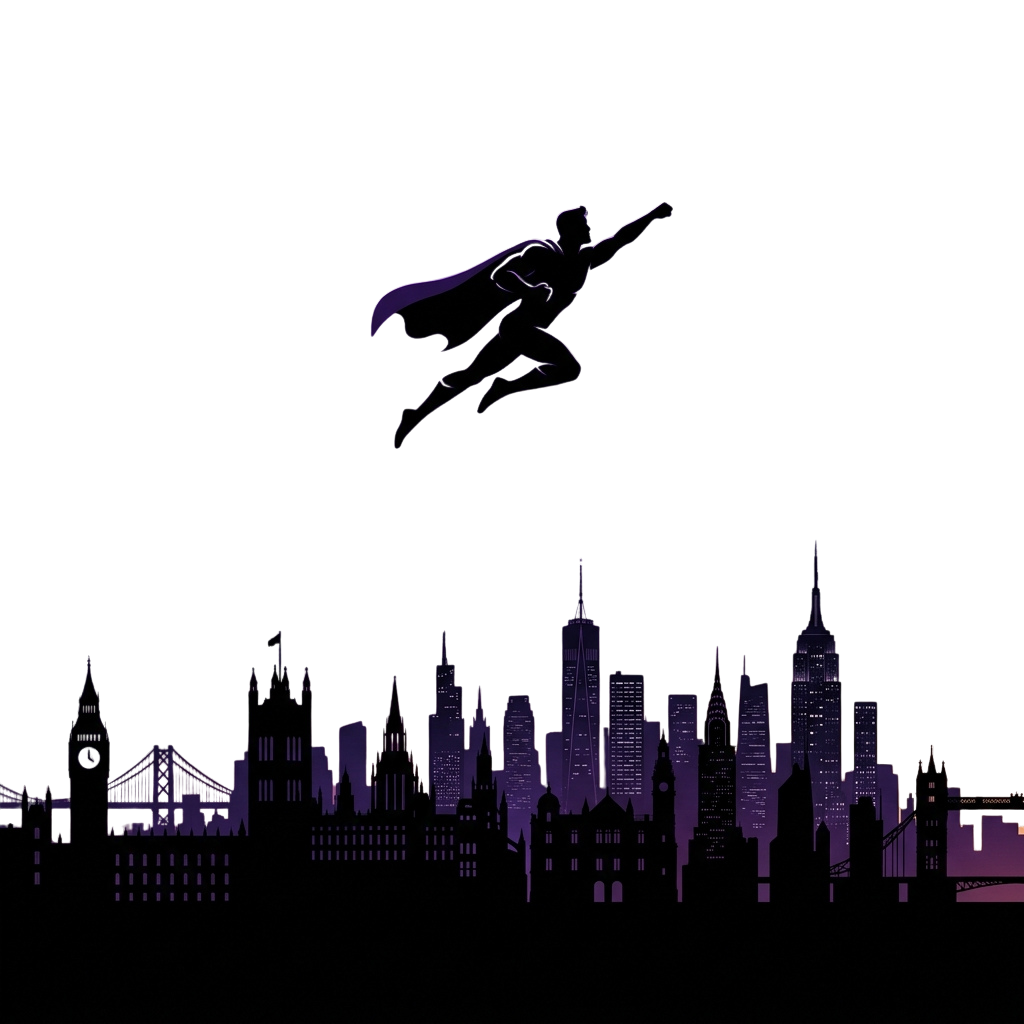 A superhero figure with a cape flying above a city skyline at night.