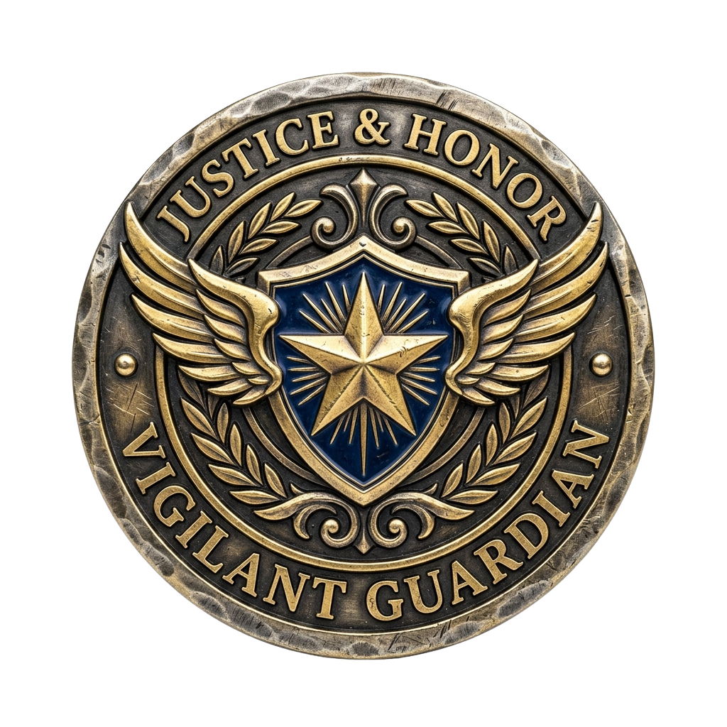 A detailed emblem featuring wings, a star, laurel wreath, and the words Justice & Honor at the top and Vigilant Guardian at the bottom