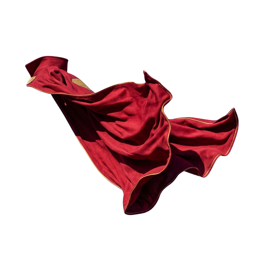 A rich red velvet cloak with gold trim flowing gracefully against a black background