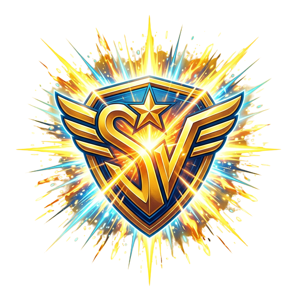 A glowing shield emblem with a stylized letter S and star, radiating bright light beams against a dark background