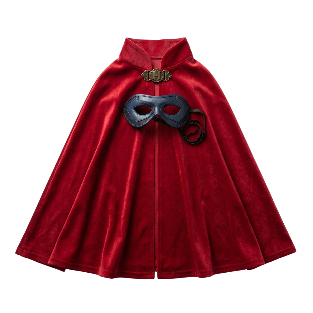 A red velvet cape with a black mask and decorative emblem on the chest