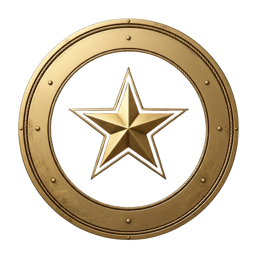 A round golden shield with a raised star emblem in the center and riveted edges