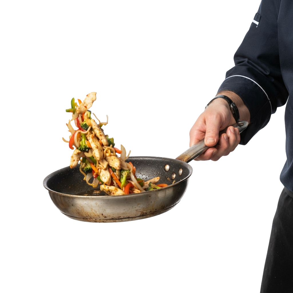 A person holding a skillet filled with stir-fried noodles and colorful vegetables.