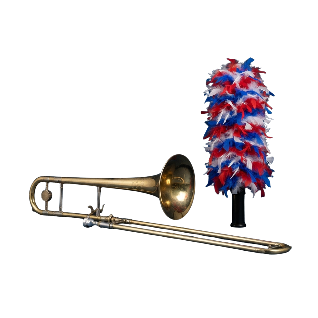 A trombone with a decorative red, white, and blue feather attachment on its bell