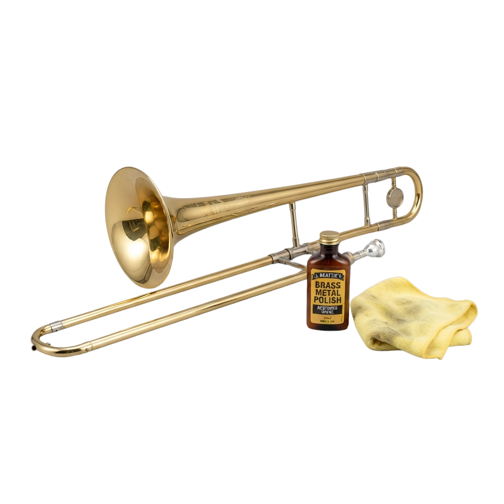 A polished brass trombone with a bottle of brass metal polish and a yellow cleaning cloth beside it