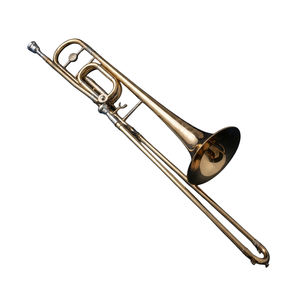 A polished brass trumpet with three valves and a bell, shown against a dark background