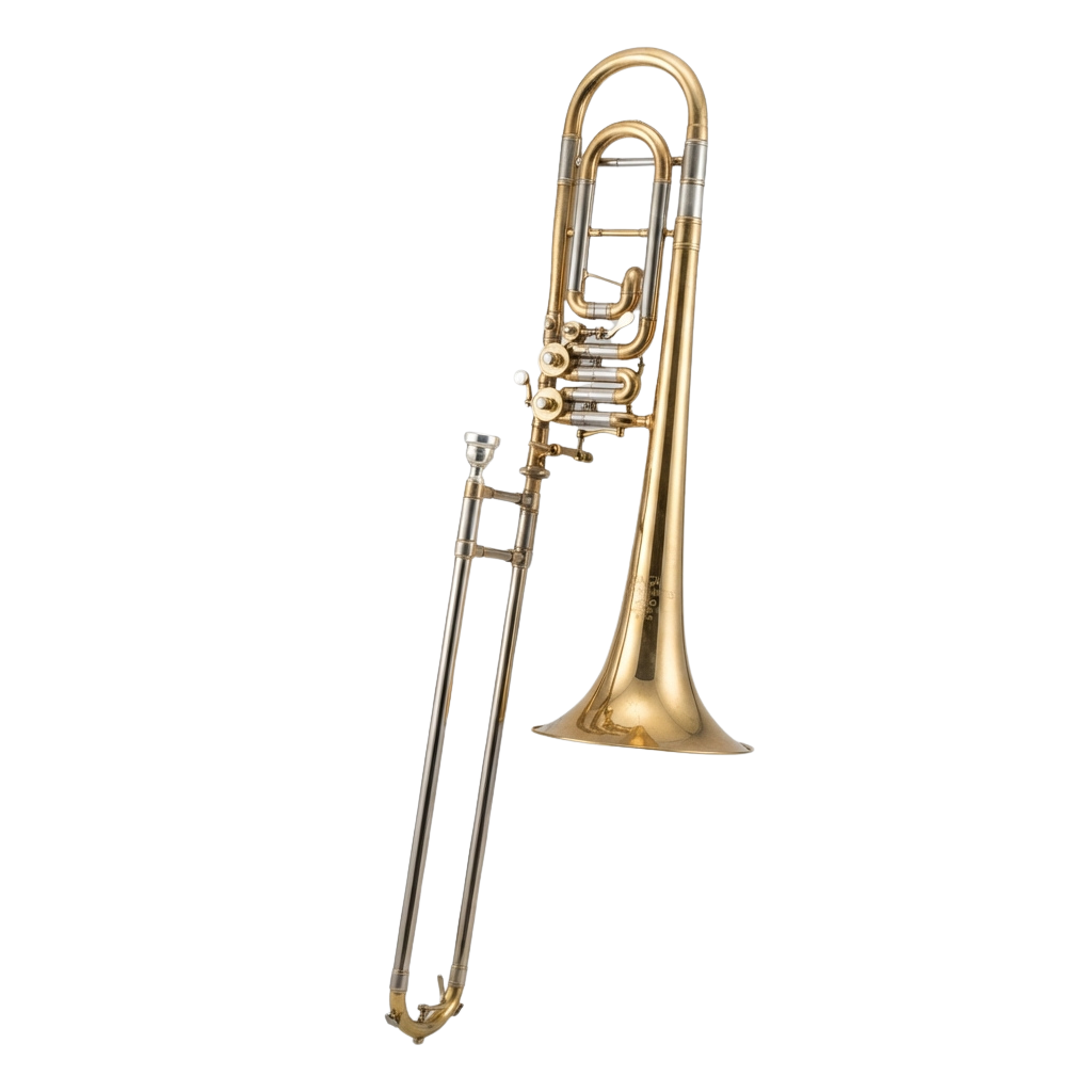 Golden trombone with slide extended and bell flared against black background