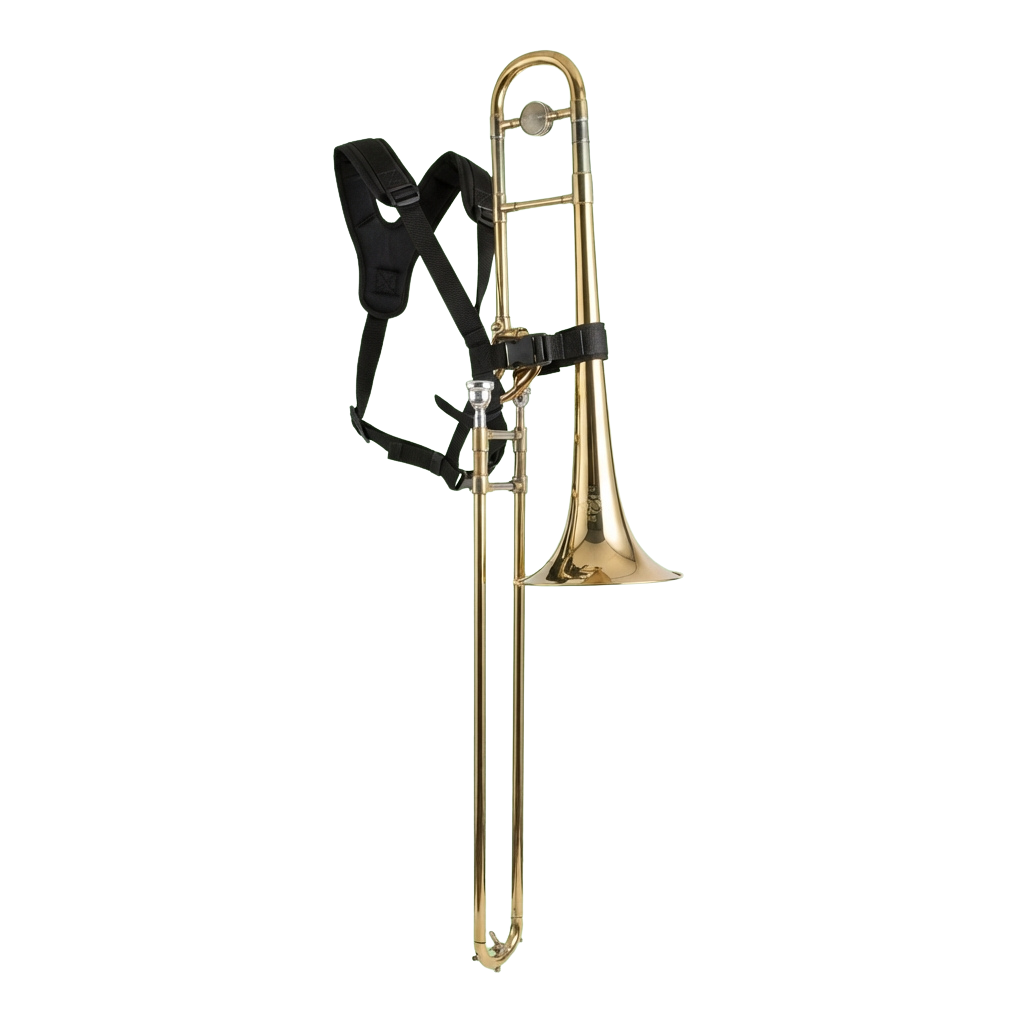 A polished tenor trombone with a black harness case attached, shown against a dark background