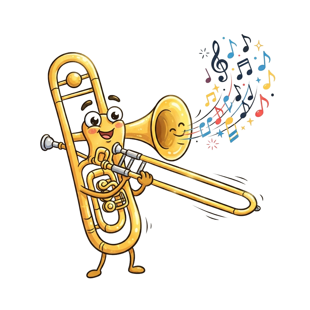 A cheerful cartoon trombone character playing music with colorful notes and stars emerging from its bell
