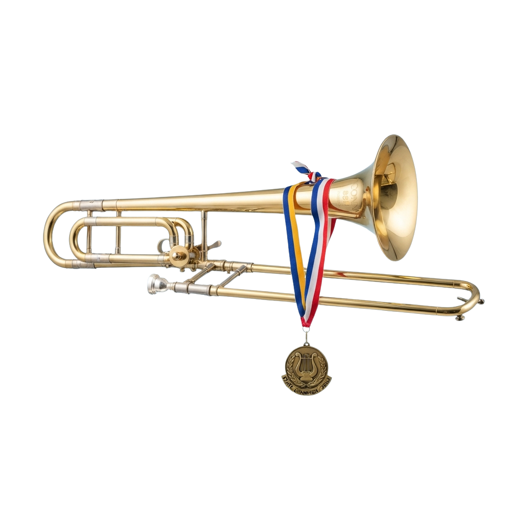 A polished brass trumpet adorned with a medal and ribbon featuring blue, red, and white stripes