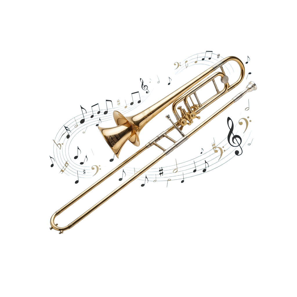 A golden trumpet with musical notes floating around it against a black background