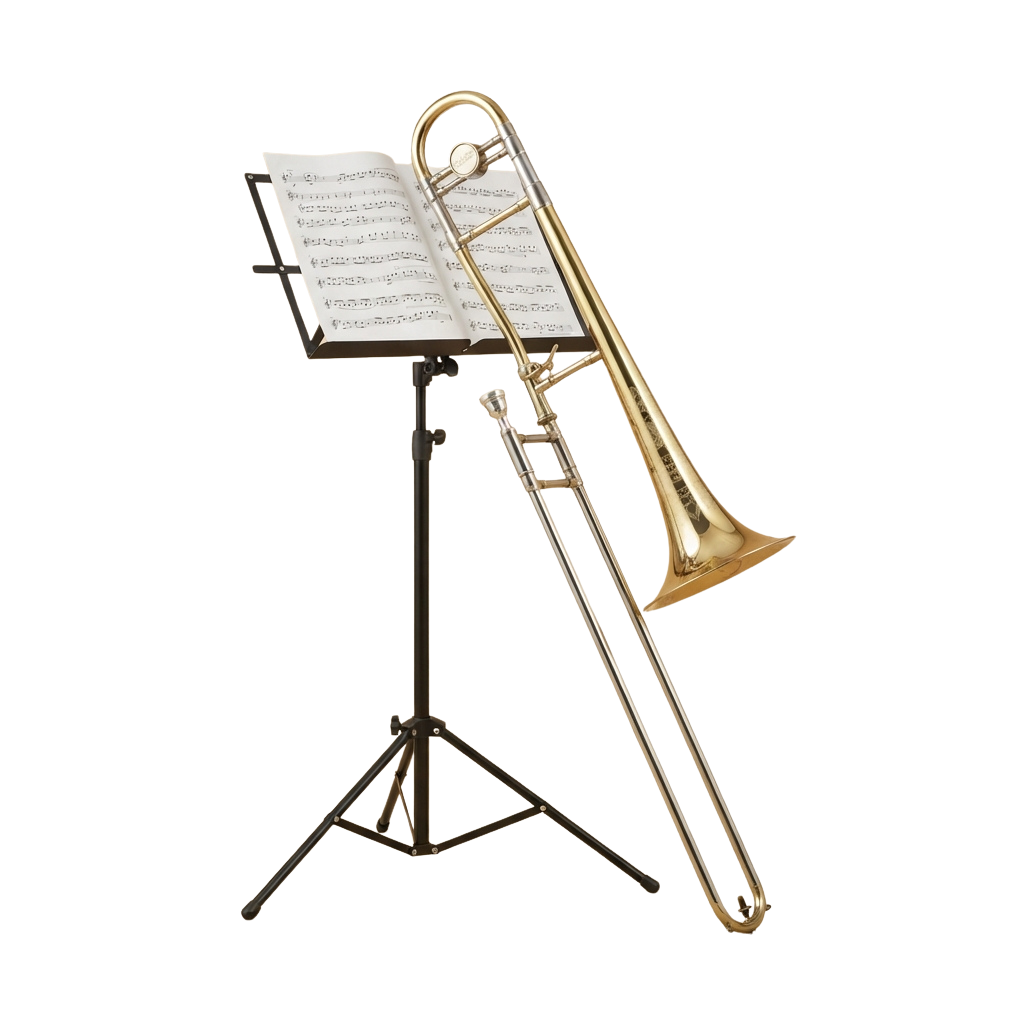 A trombone resting on a stand with sheet music placed on a music holder