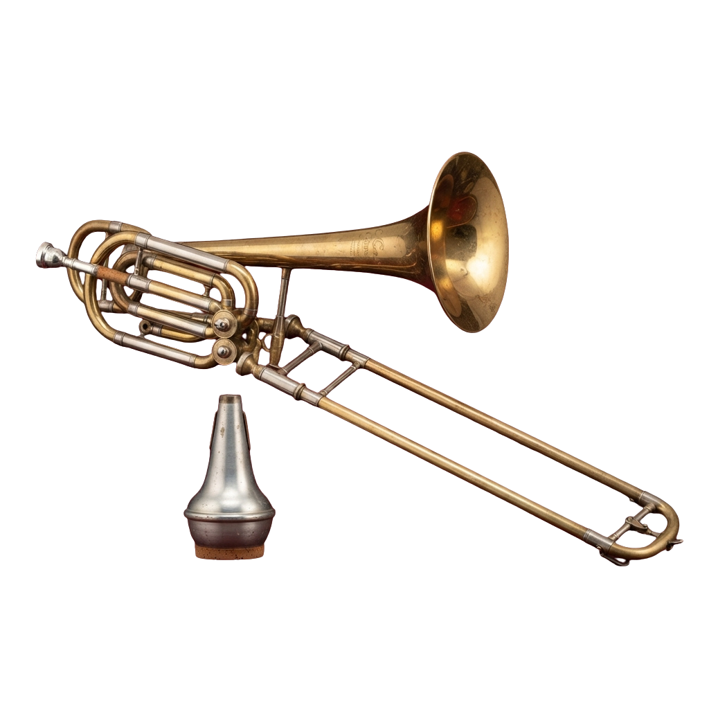 A polished brass trombone with a silver-plated mouthpiece shown separately against a black background