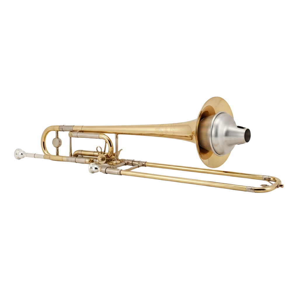 A polished brass trumpet with three valves and a flared bell on a black background