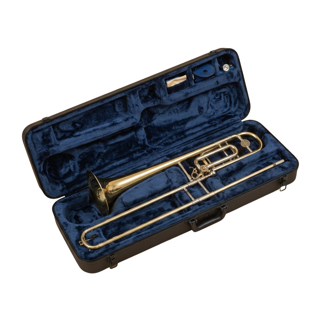 A trombone inside a dark blue velvet-lined hard case, shown open against a black background