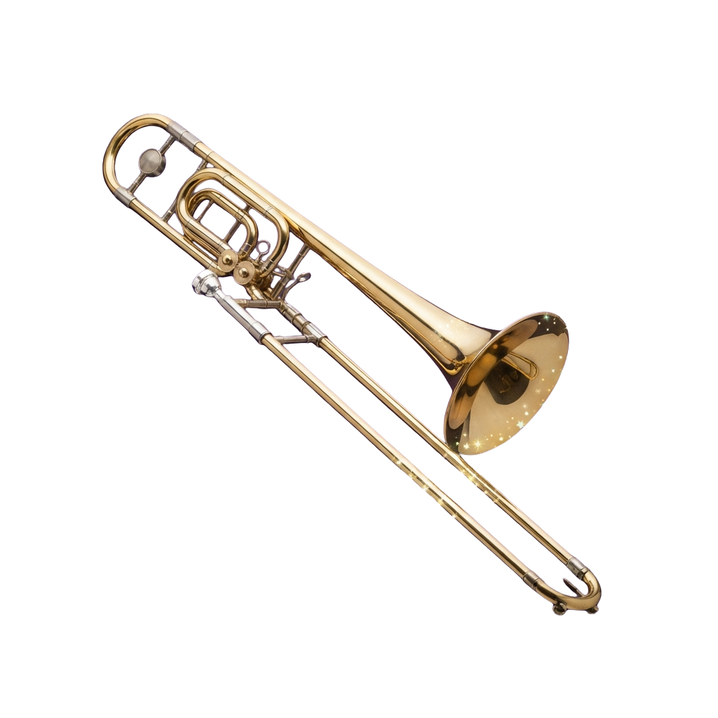 A polished gold trombone with three valves and a flared bell against a black background