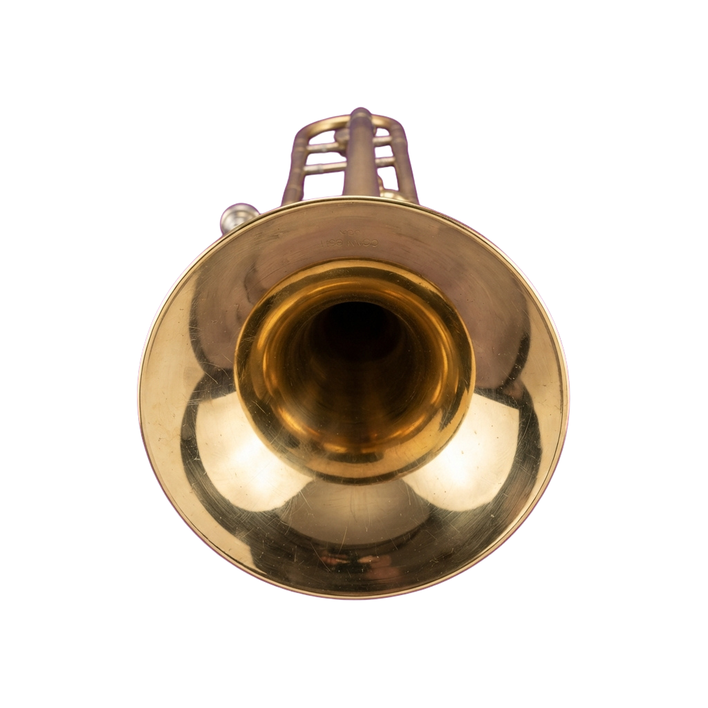 A close-up view of a brass instrument bell with three purple valve casings attached at the top