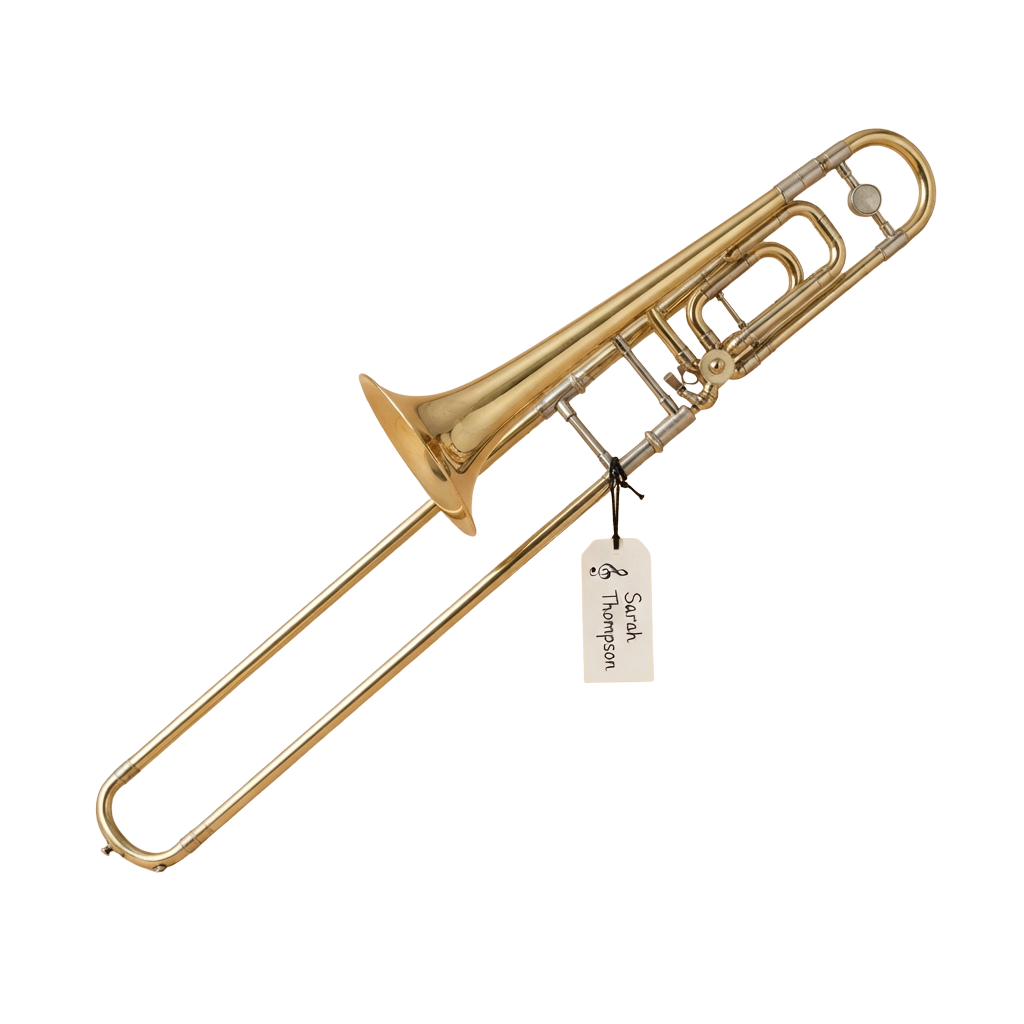 A polished gold trombone with a tag attached to the slide, displayed against a black background