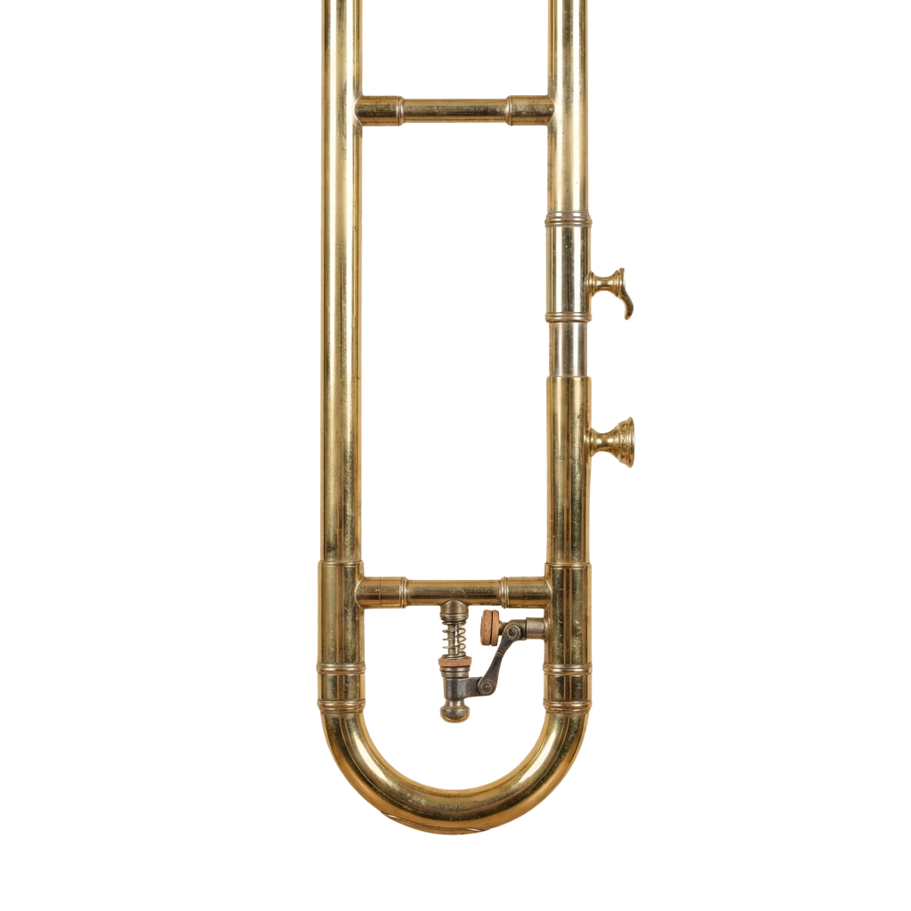 Close-up of a brass trombone with slide and valves shown against a dark background