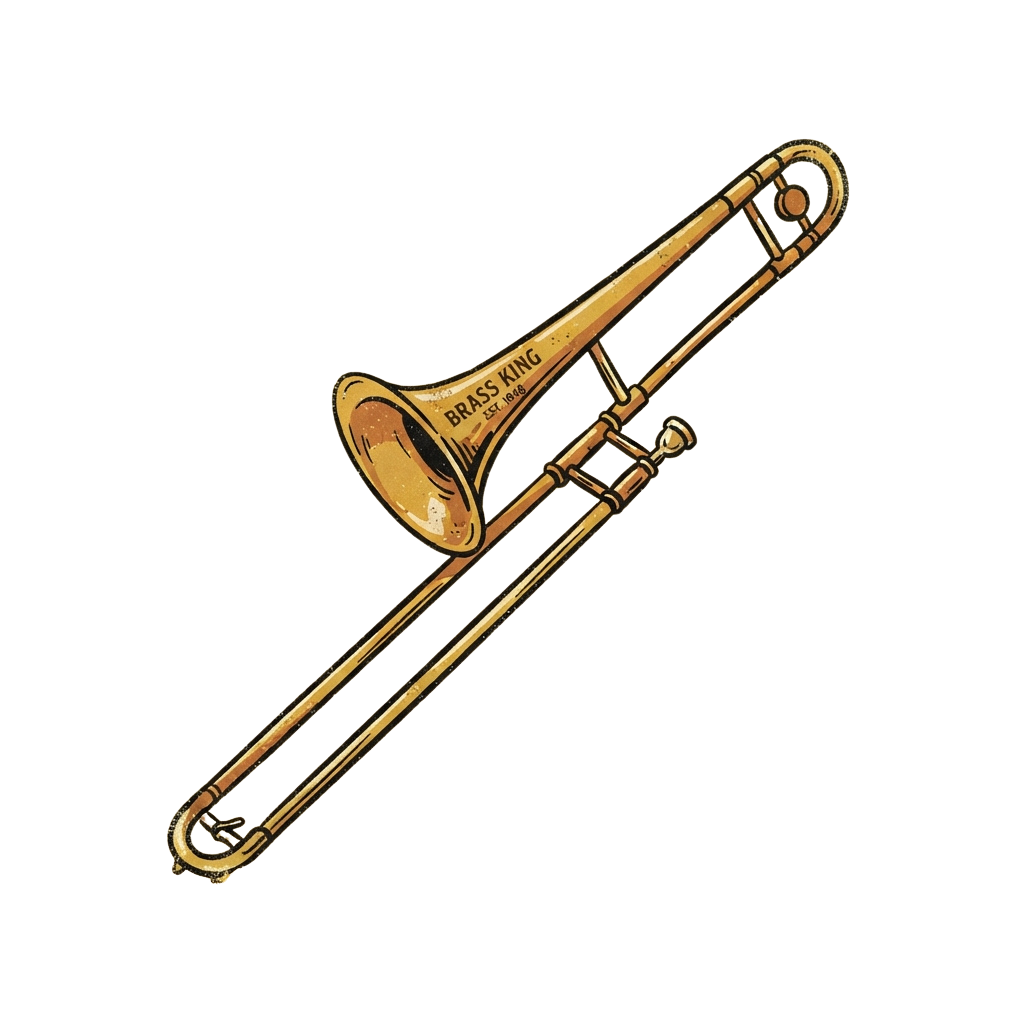 Illustration of a trombone with a shiny brass finish against a black background