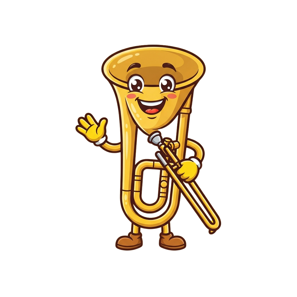 Animated cartoon French horn with a smiling face waving and holding a microphone