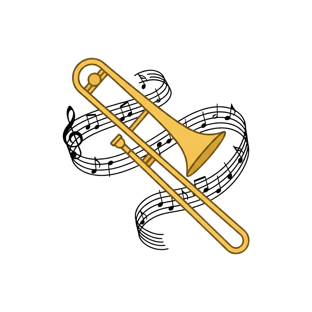 A stylized illustration of a golden trombone on a black background with musical notes.