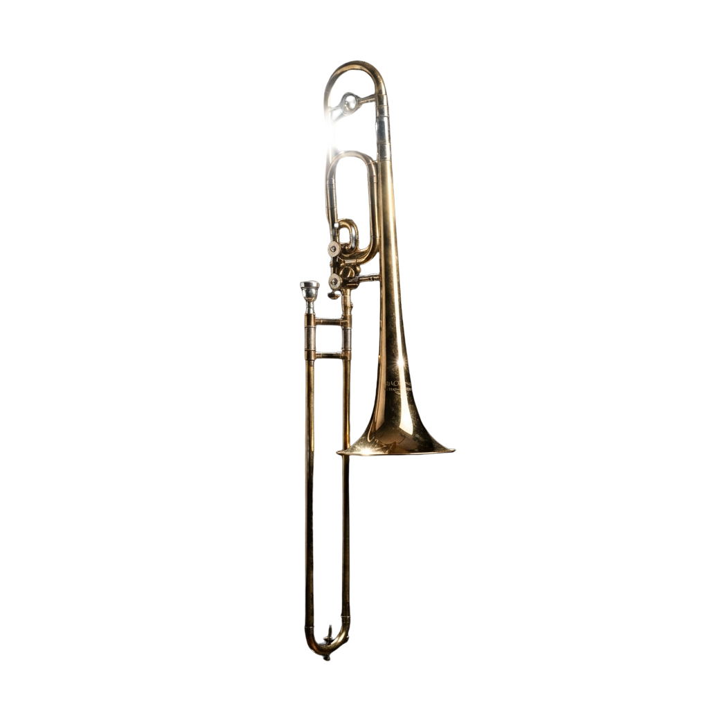 A polished tenor trombone with three valves and a curved slide against a dark background