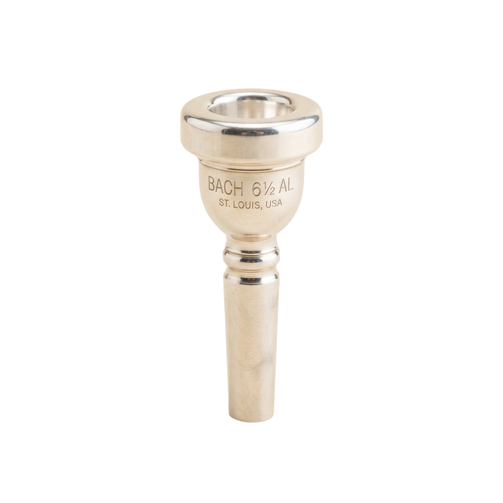 Silver trumpet mouthpiece labeled Bach 6 1/2 AL from St Louis USA