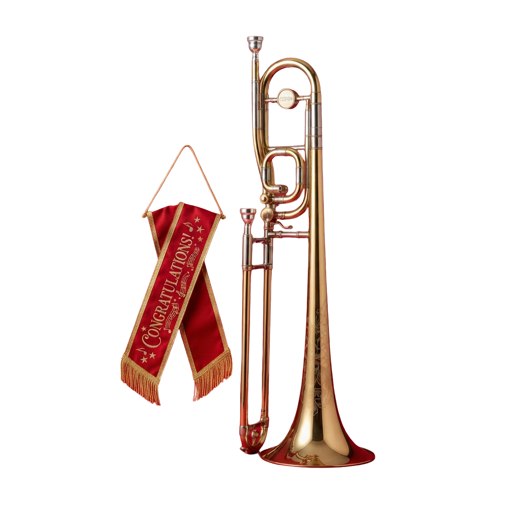 Brass trumpet with a red congratulatory banner featuring musical notes and stars