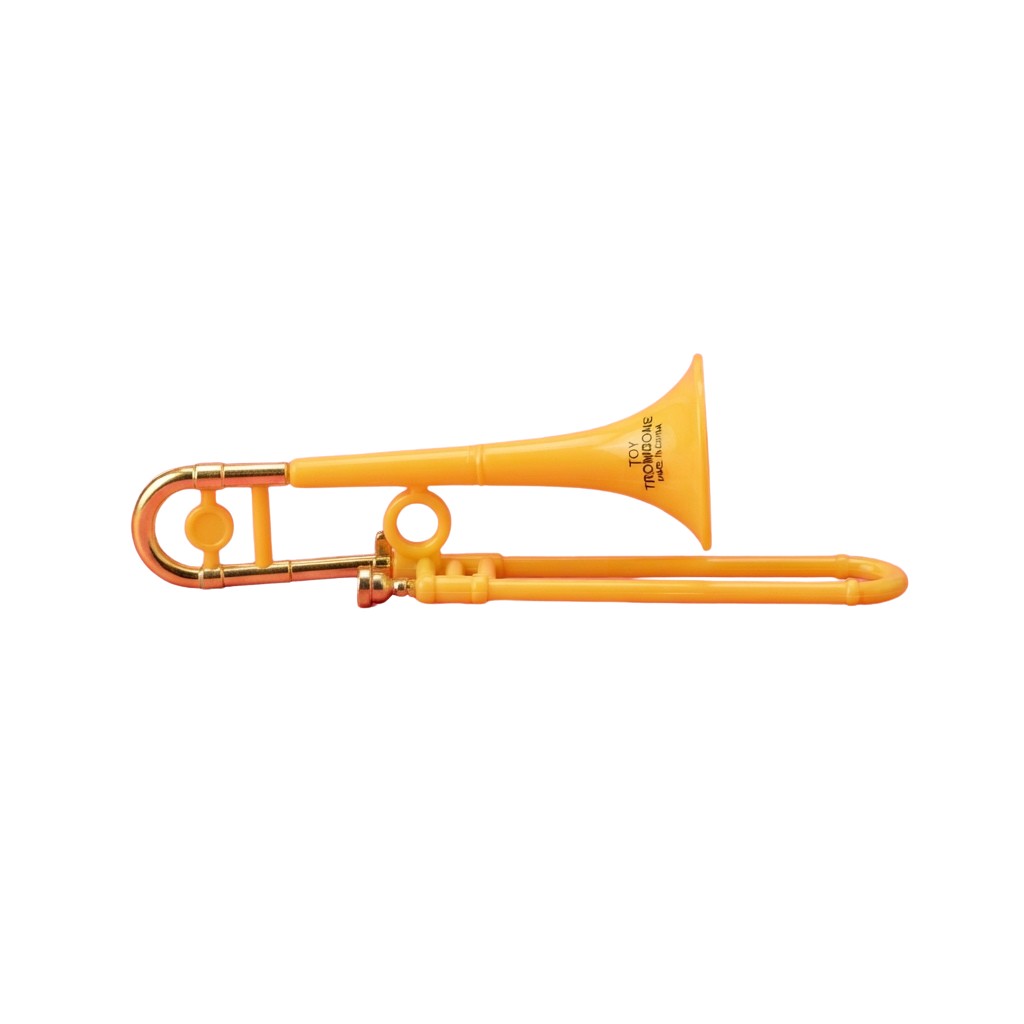 A bright yellow toy trombone with a curved slide and bell against a black background