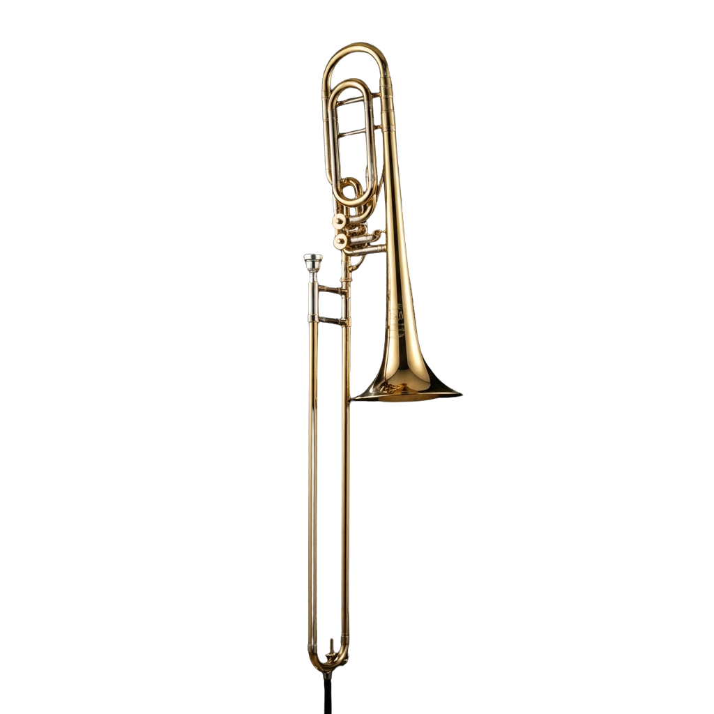 A polished gold trombone displayed against a black background