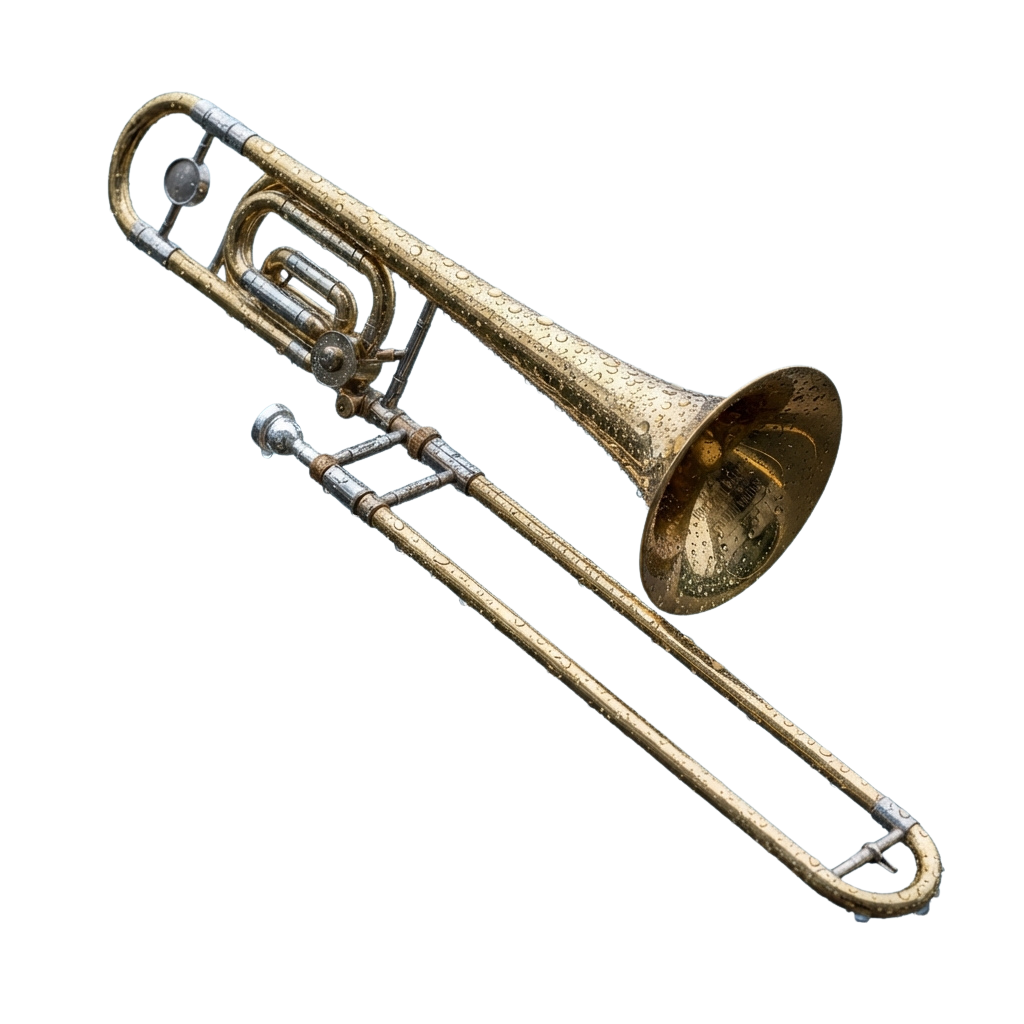 A polished golden trombone with three valves and a flared bell against a black background