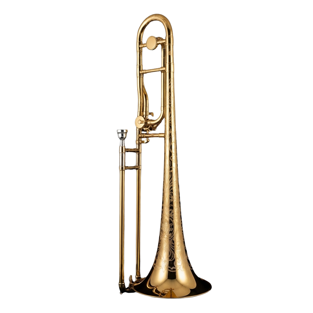 A polished golden trombone with intricate engravings on the bell, displayed against a dark background