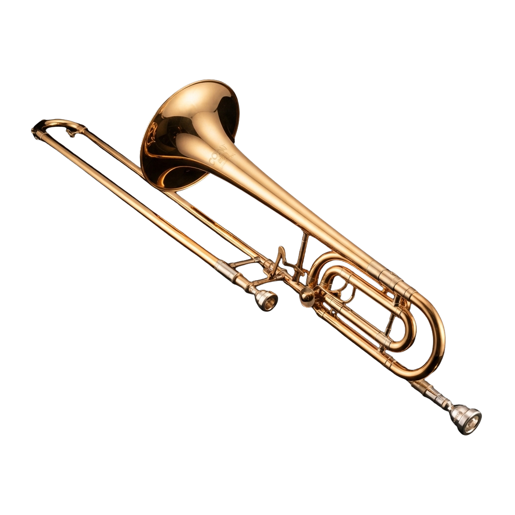 A polished brass trumpet with a shiny bell and three valves, shown against a dark background