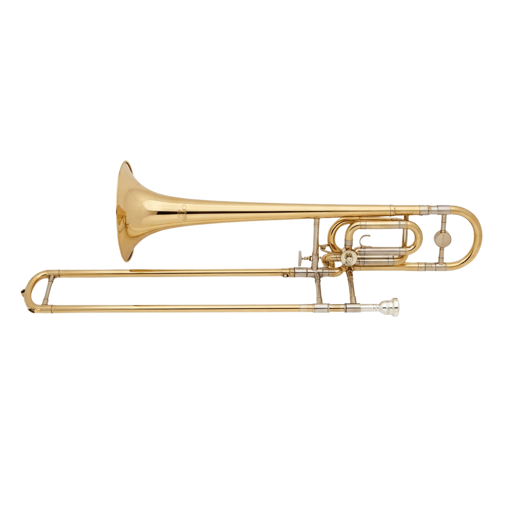 A polished gold trombone with a large bell and three valves laid on a black background