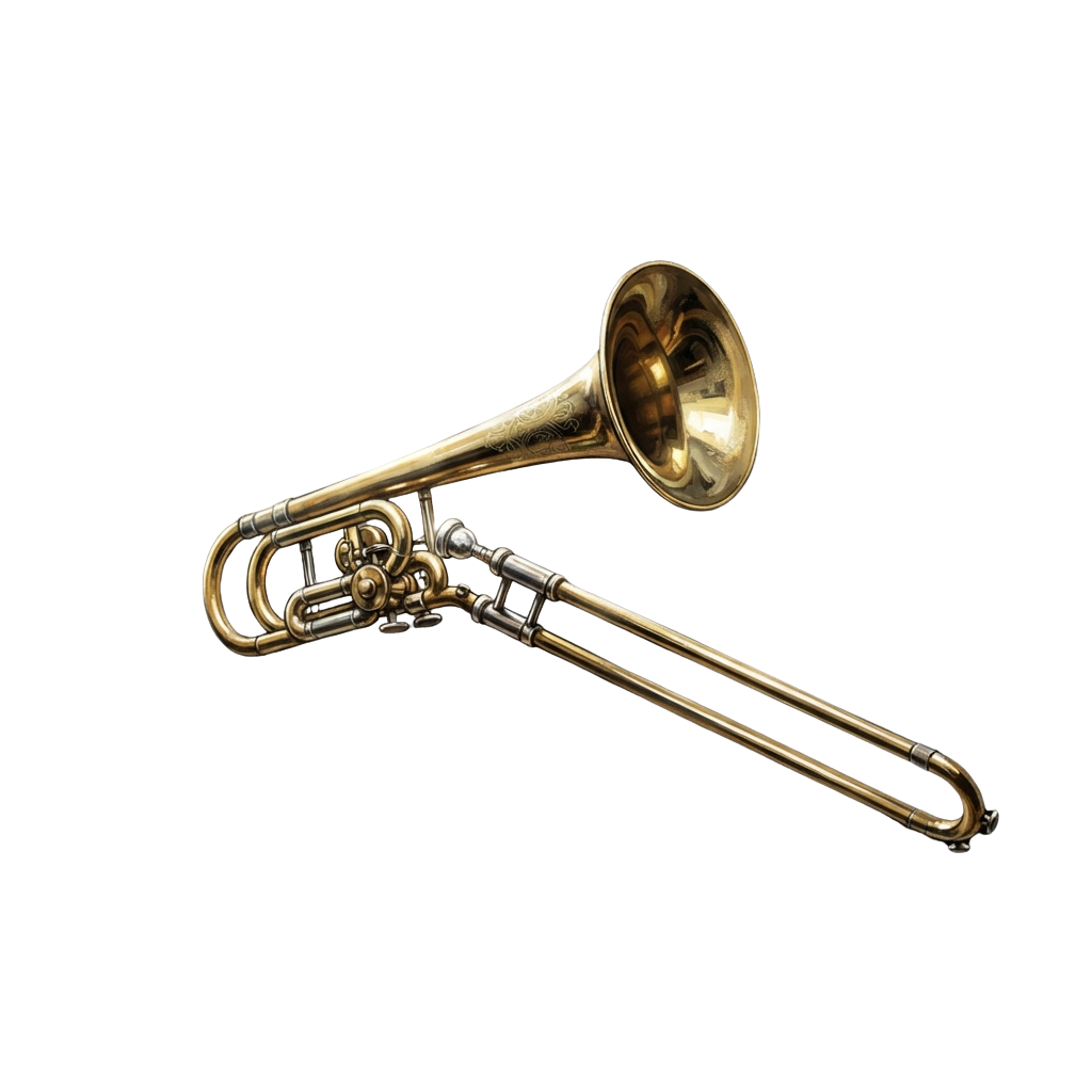A polished gold trombone with three valves and a bell, shown against a black background