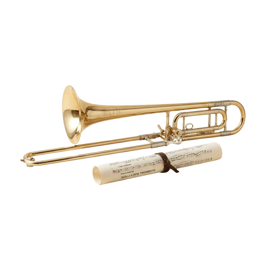 A golden trombone resting on a music sheet titled Sonata for Trombone