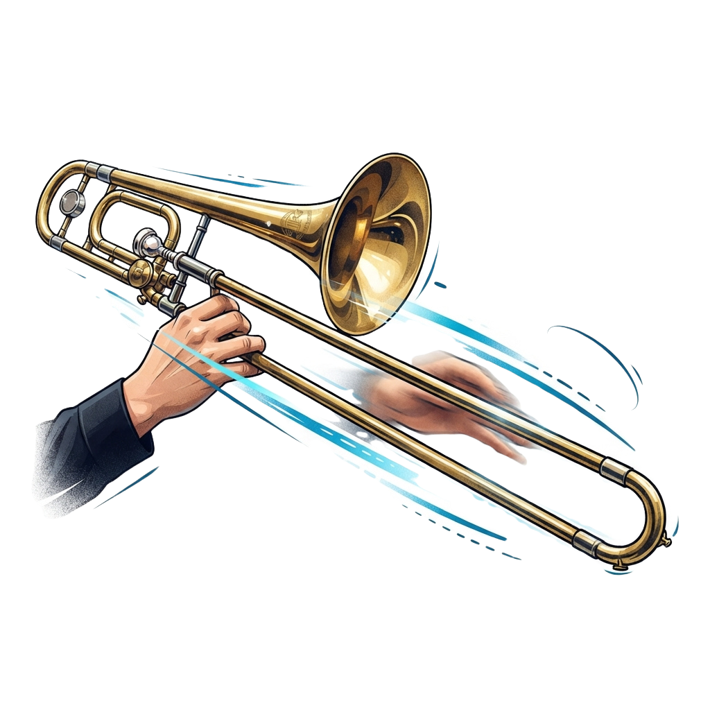 Hands playing a trumpet with motion lines indicating sound waves and musical energy