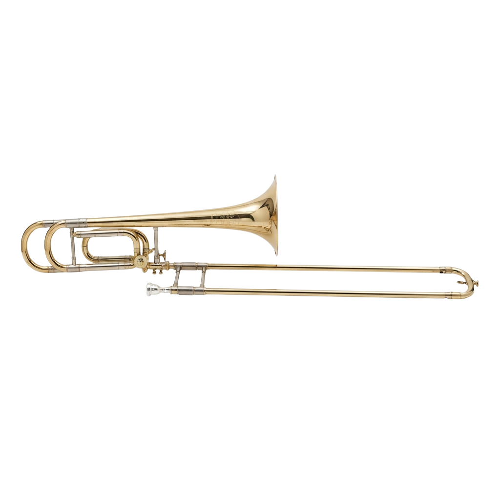 A polished brass trombone with a flared bell and extended slide against a black background