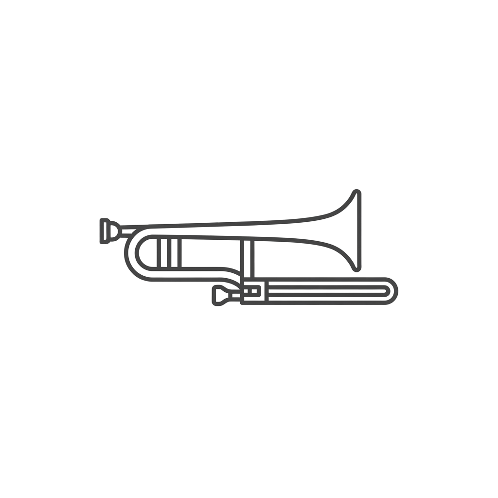 A simple line drawing of a trumpet musical instrument facing right