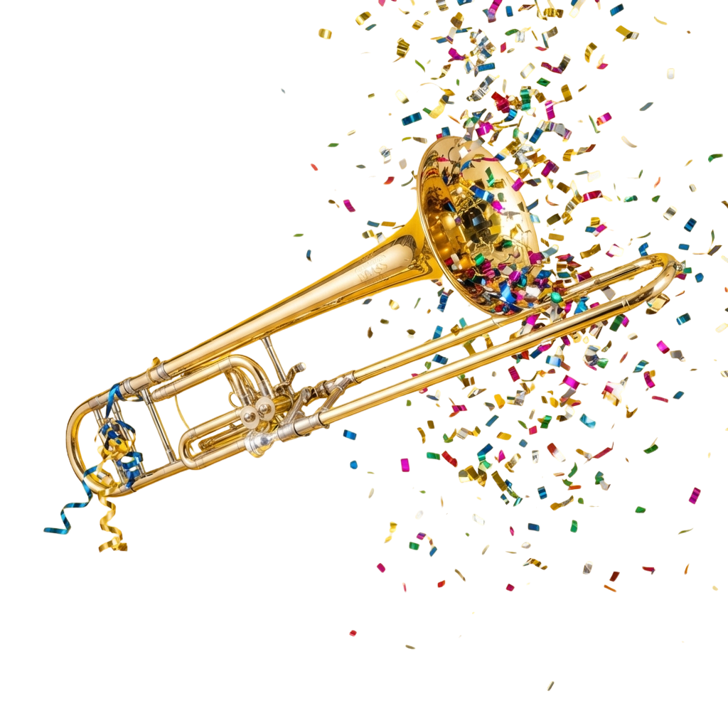 A golden trumpet surrounded by colorful confetti against a black background