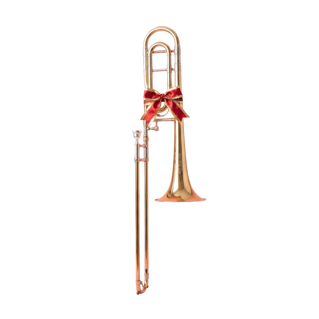 A polished trombone adorned with a red satin bow gift ribbon near the mouthpiece