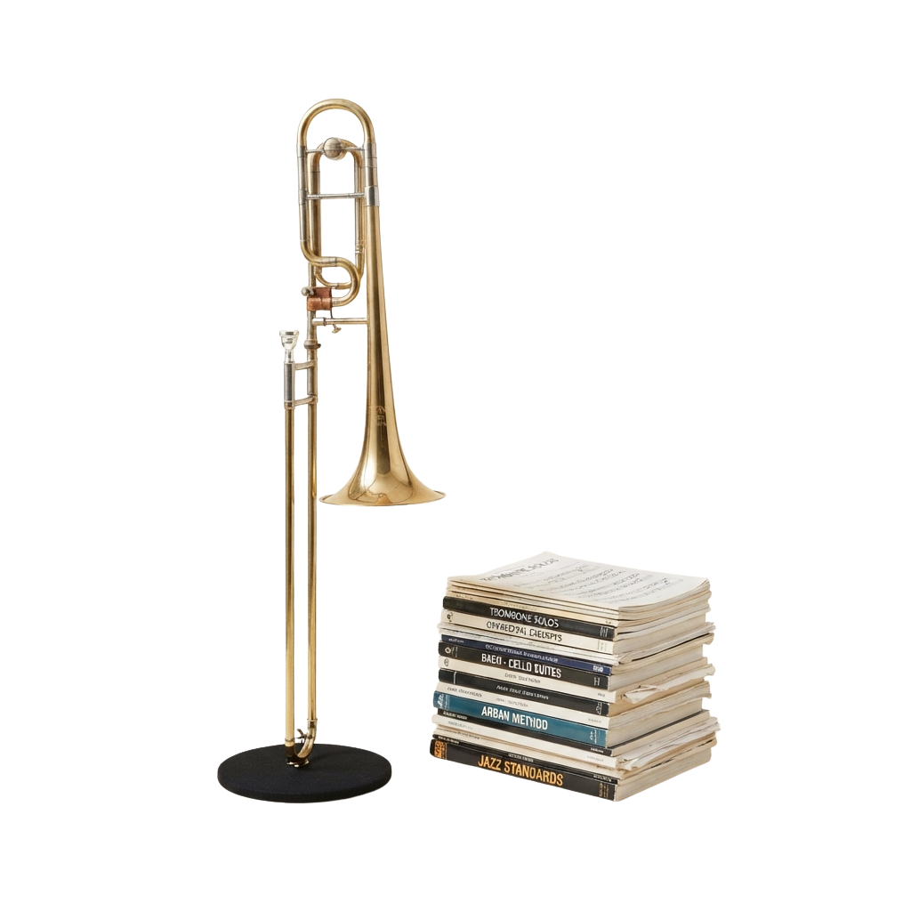 A trombone standing upright on a black stand next to a stack of music books