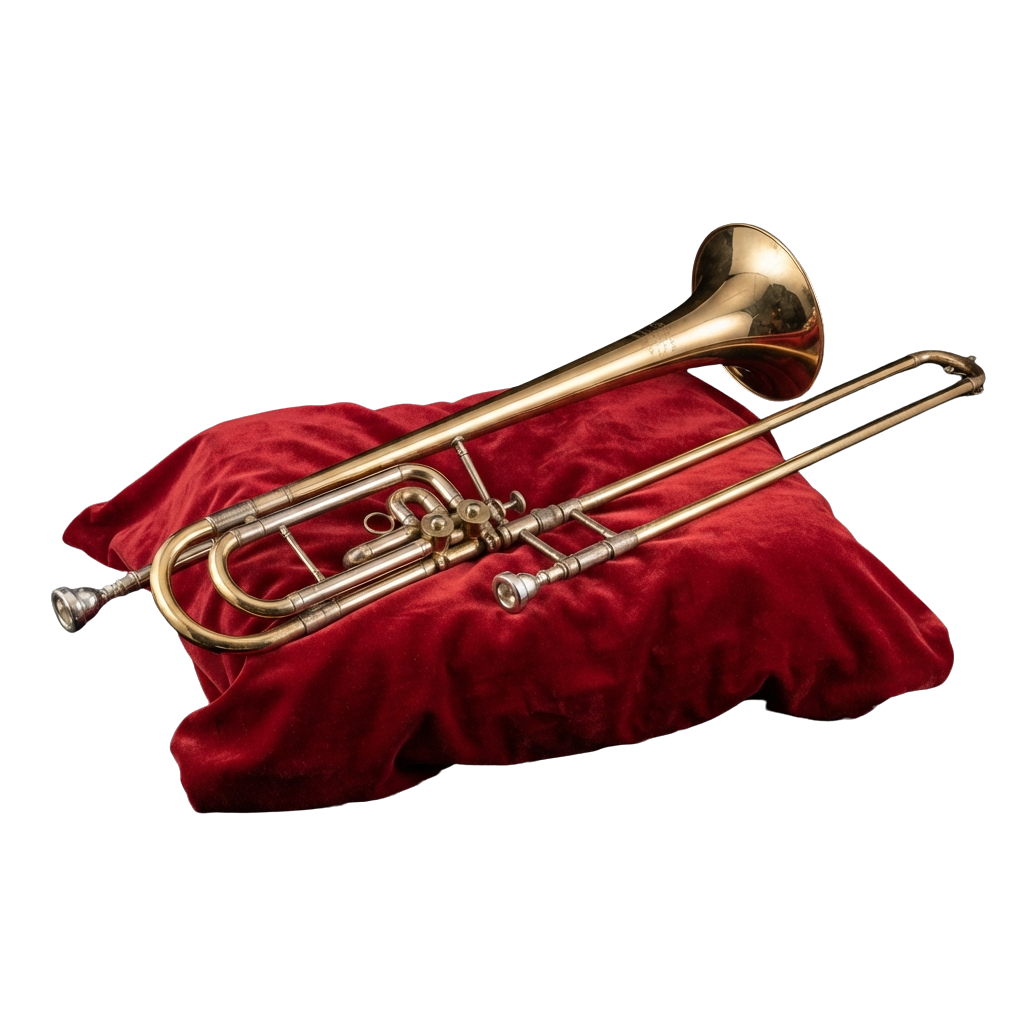 A polished brass trumpet resting on a red velvet surface.