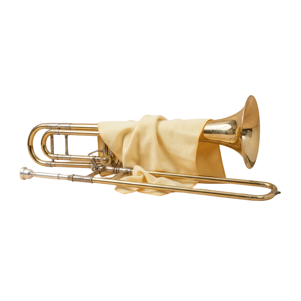 A polished gold trombone with a light cloth covering the bell and mouthpiece
