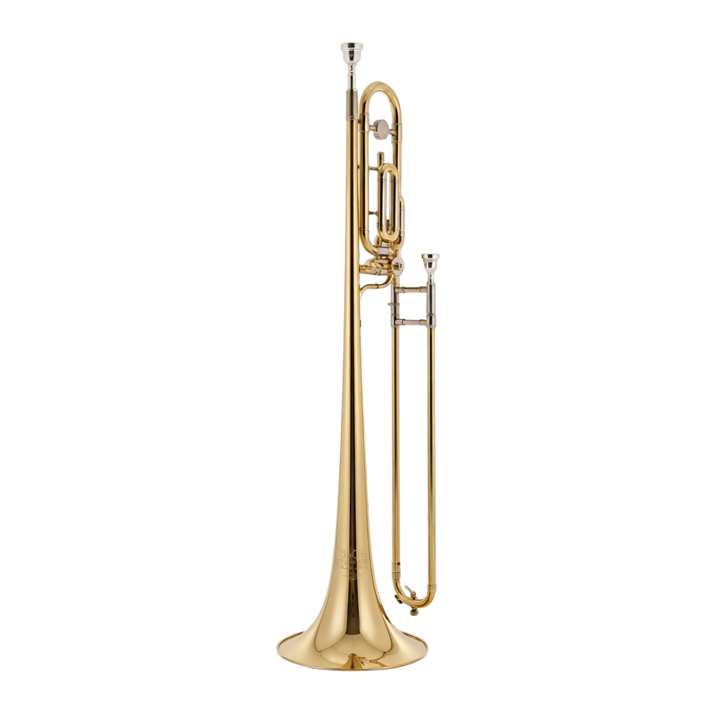 A polished gold brass trumpet with three valves and a bell, standing upright against a black background